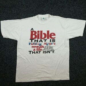 Champ Mens Vintage Christian Bible Graphic T-Shirt White XL Religious Tee